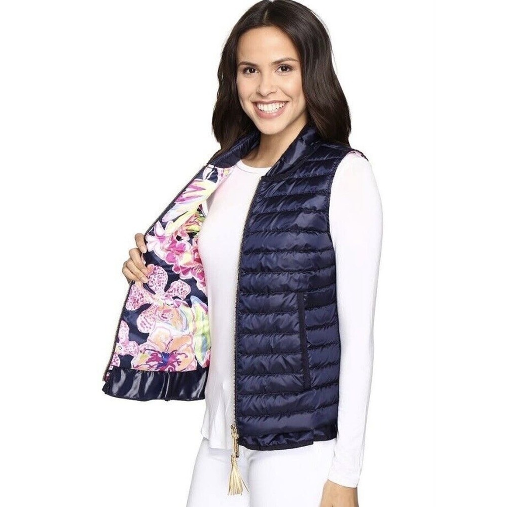 Lilly Pulitzer Cora Quilted Puffer Vest Womens Size Small Gold Hardware Tassel